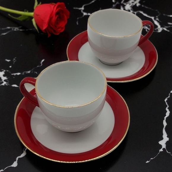 Service for Two 4 Piece Ten Strawberry Street Red Gold Cup Saucer Dish Gift Set - Picture 2 of 11